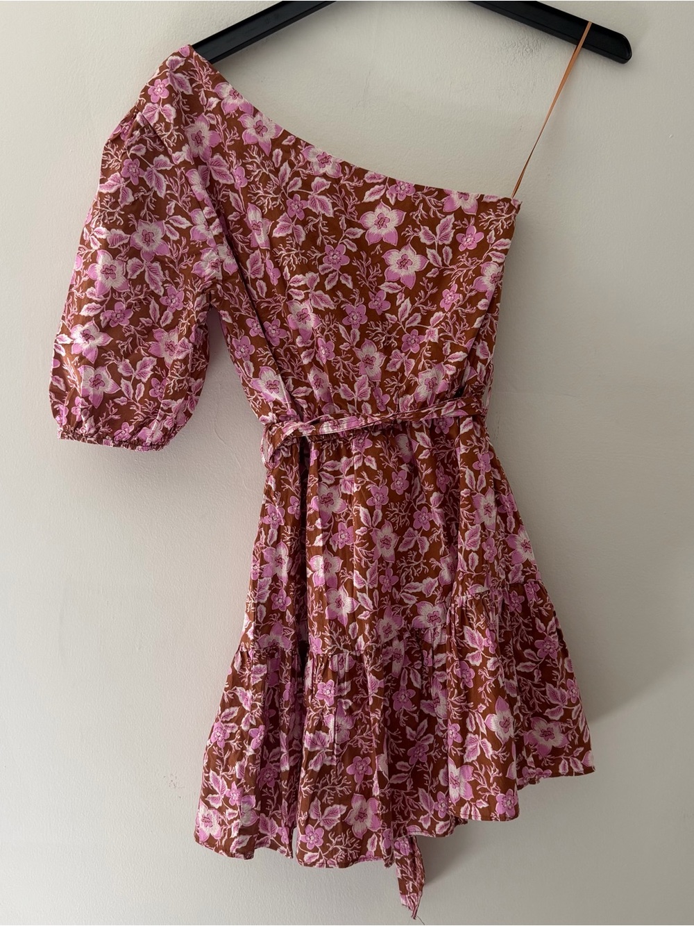 Jason Wu One Shoulder Dress Puff Sleeve Floral Tiered Rust Pink Size Medium - Picture 3 of 8